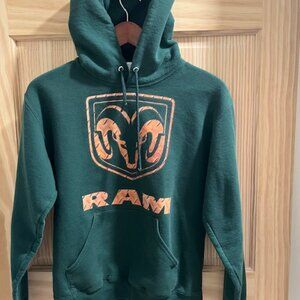 Ram brand green hoodie featuring the distinctive ram's head logo and wordmark Sm